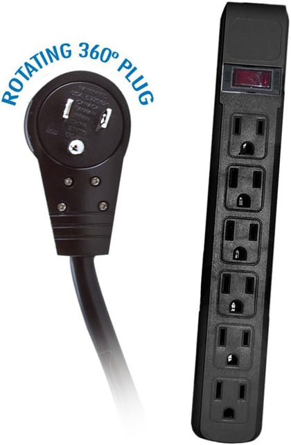 ACL 3 Prong Surge Protector with 6 Feet Power Cord, 360 degree Rotating Plug, 6 Horizontal Outlets, UL listed & Black Color Plastic Body