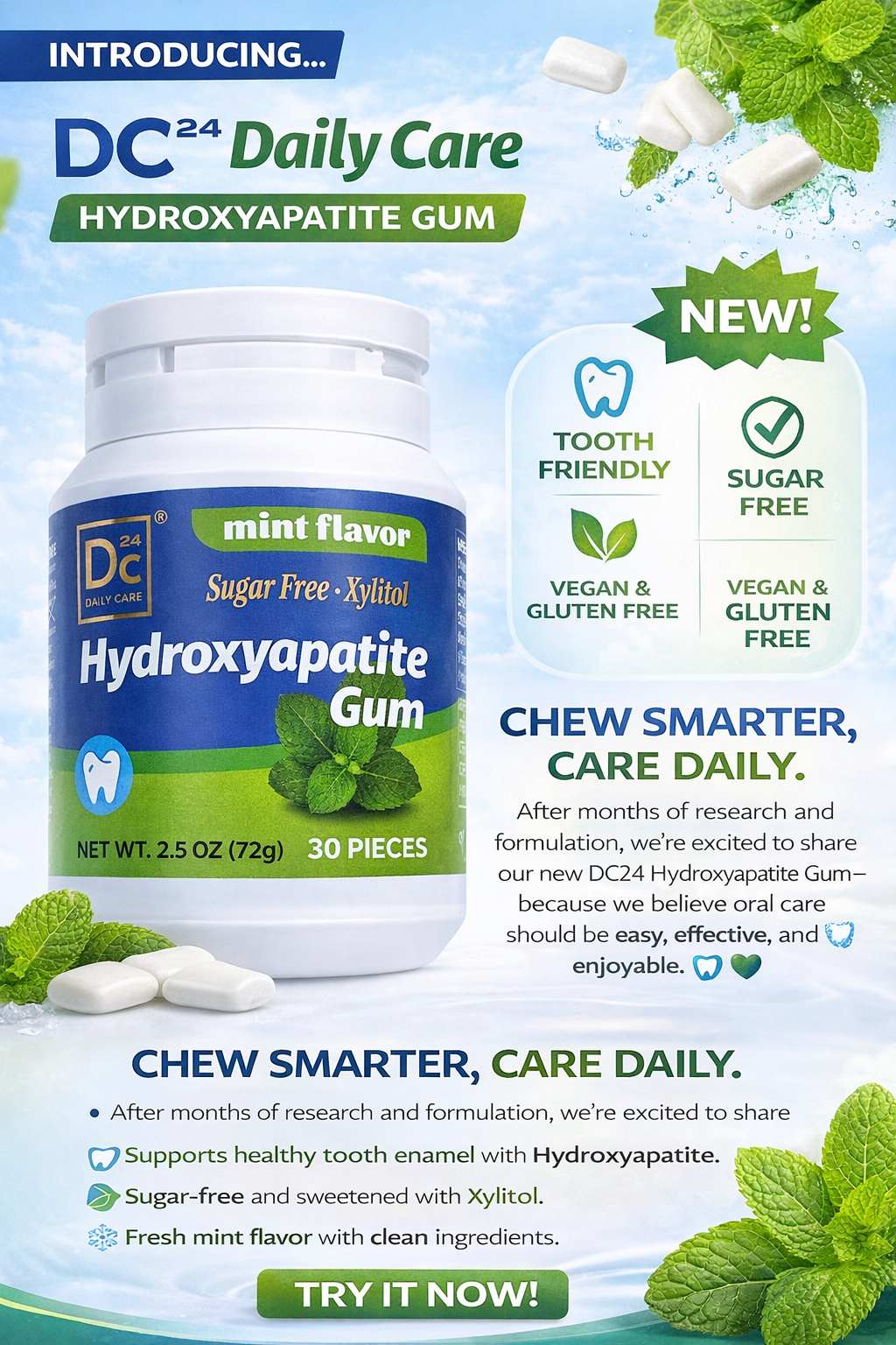 DC24 Mint Flavor Sugar Free Chewing Gum with Xylitol & Hydroxyapatite, 30 Pieces, Enamel Support, Fresh Breath, Vegan & Gluten Free for Daily Oral Health Care